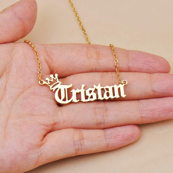 Old English Name Necklace Customized Gift 18k Gold Crown Custom