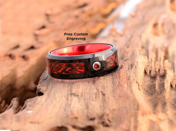 8mm Black Tungsten Ring Red Celtic Dragon Inlay Men Wedding Bands