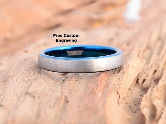4mm Dark Silver Tungsten Ring: Brushed Dome, Blue Inner Band
