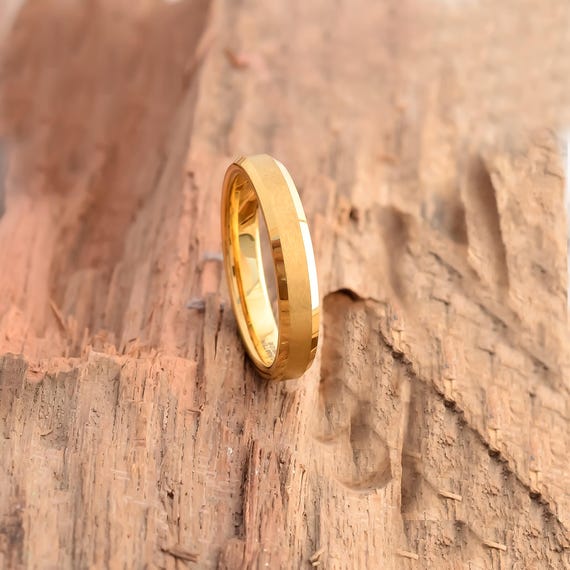 24K Gold Plated Tungsten Ring: 4mm Brushed Comfort Fit Wedding