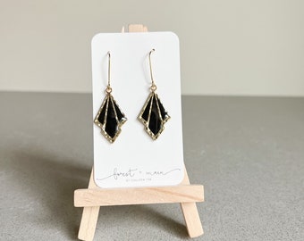 Polymer Clay Earrings | Black Clay with Gold Geometric Pendant and Resin | Statement Earrings