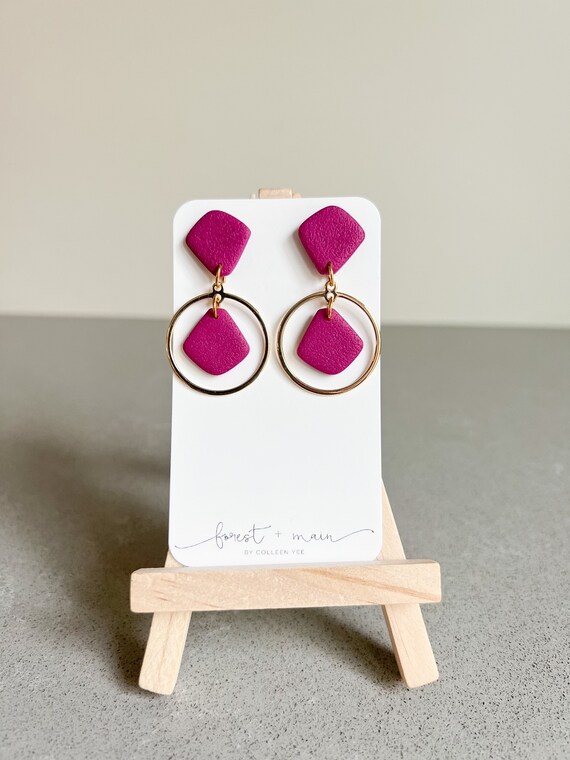 Polymer Clay Earrings Magenta With Gold Circle Pendant Statement Earrings Etsy