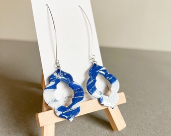 Polymer Clay Earrings | Royal Blue, White and Silver Terrazzo Design | Moroccan Chandelier