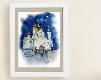 Kyiv Ukraine Original painting watercolor blue St. Andrew's Church