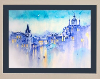 Evening watercolor cityscape original painting, Blue home decor, Andriyivskyy descent, Old City painting