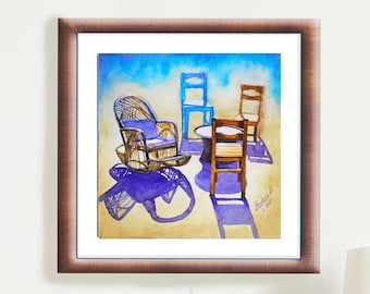 Blue and yellow rocking chair and shadows watercolor painting