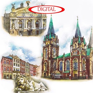 Lviv Ukraine digital art Old City painting jpg Downloadable poster Love Ukraine Ukraine sellers