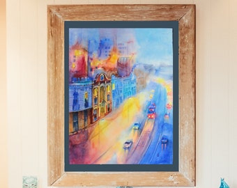 Kyiv watercolor painting blue and red cityscape