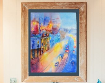 Kyiv watercolor painting blue and red cityscape