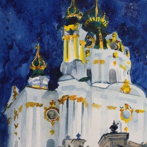 May include: A watercolor painting of a white church with gold accents against a dark blue night sky. The church has multiple towers with green and gold onion domes. The painting is done in a realistic style.