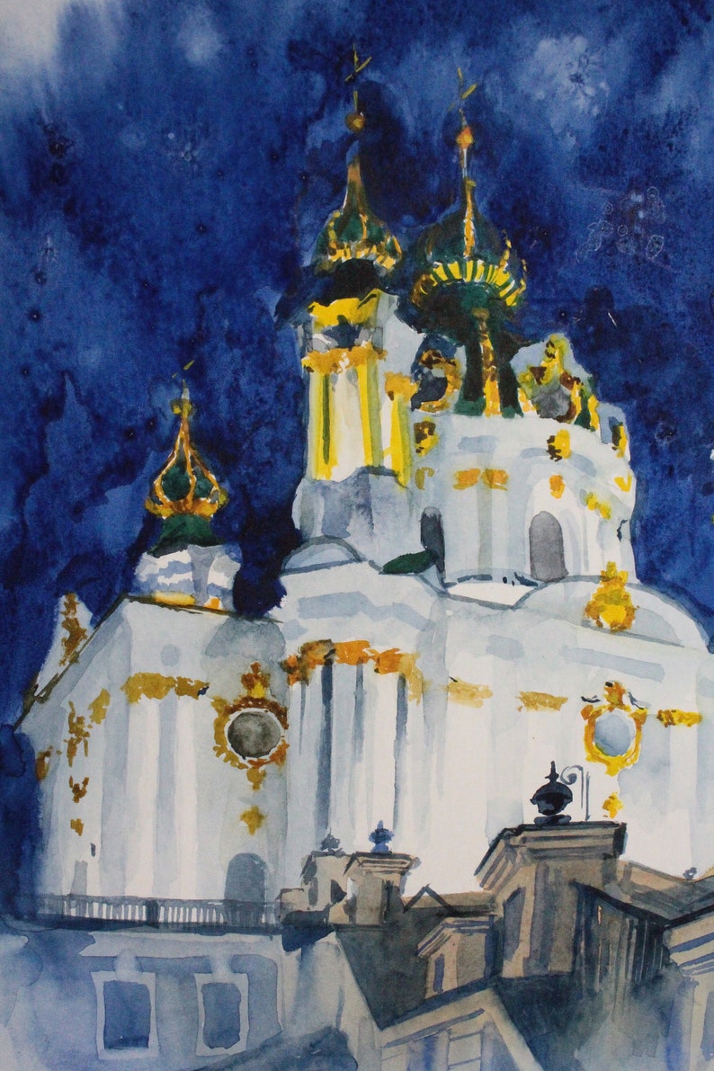 May include: A watercolor painting of a white church with gold accents against a dark blue night sky. The church has multiple towers with green and gold onion domes. The painting is done in a realistic style.