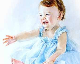 May include: A watercolor painting of a baby girl wearing a light blue dress, sitting on a white background. The baby is smiling and looking to the right.