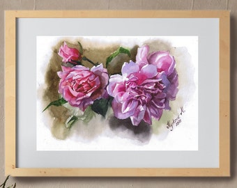 Pink peonies watercolor painting Present for her