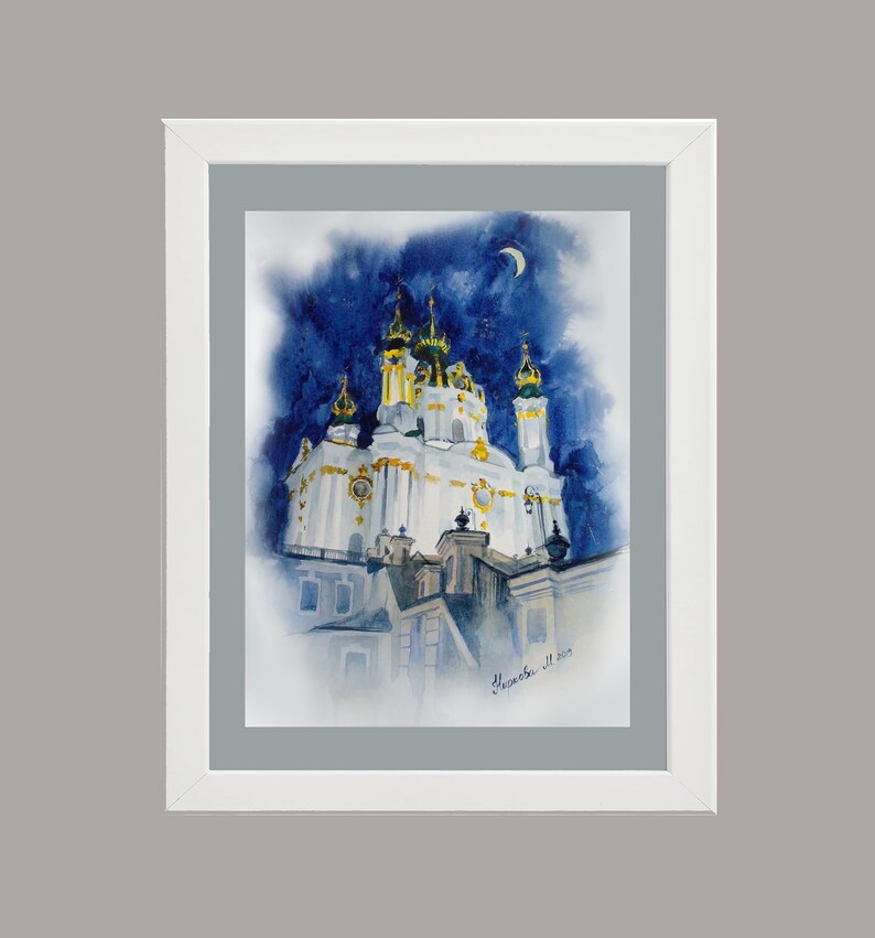 May include: A watercolor painting of a white church with gold accents against a dark blue night sky with a crescent moon. The church has multiple towers and is illuminated by the moon.