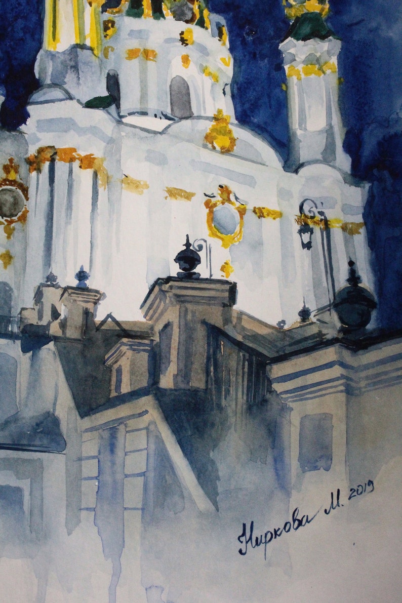 May include: Watercolor painting of a white building with gold accents and a blue sky. The building has a tall, pointed roof and many windows. The painting is signed "Murkova M. 2019".