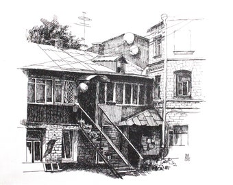 Kyiv Old house black and white pen drawing