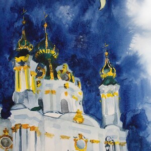 May include: A watercolor painting of a white church with gold accents against a dark blue night sky. The church has three towers with green and gold domes. A crescent moon is visible in the upper right corner of the painting.