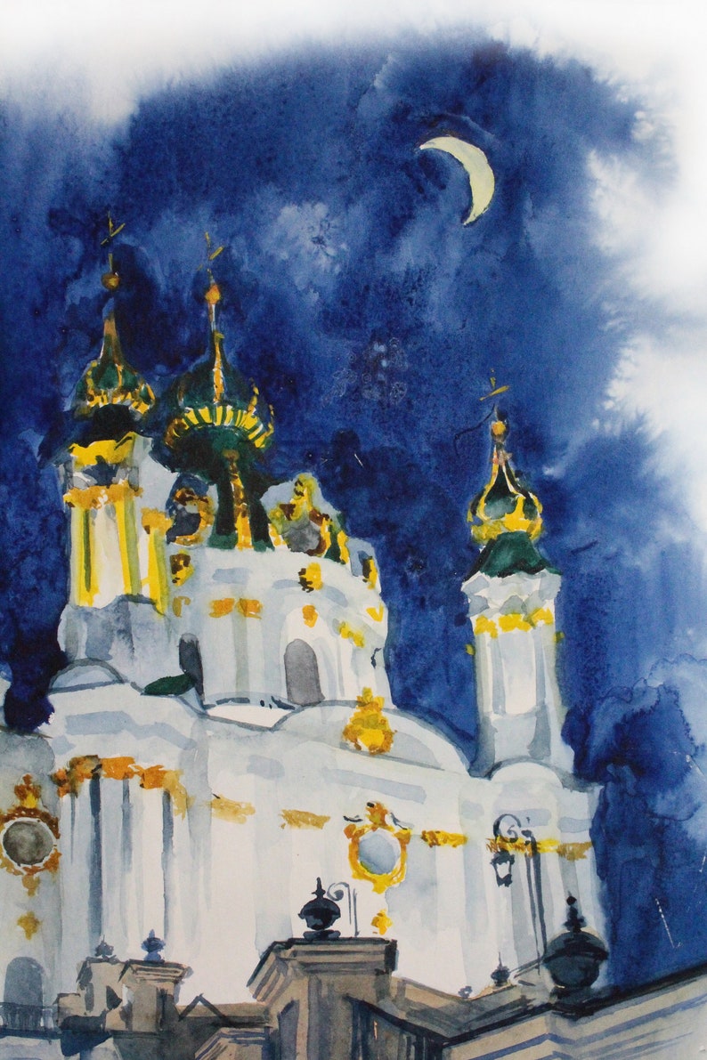 May include: A watercolor painting of a white church with gold accents against a dark blue night sky. The church has three towers with green and gold domes. A crescent moon is visible in the upper right corner of the painting.