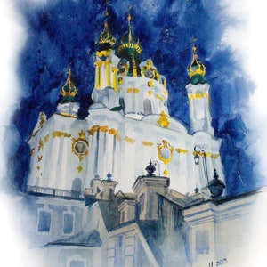 May include: Watercolor painting of a white church with gold accents against a blue night sky with a crescent moon. The church has multiple towers and domes. The painting is signed "Nurkova M. 2019".