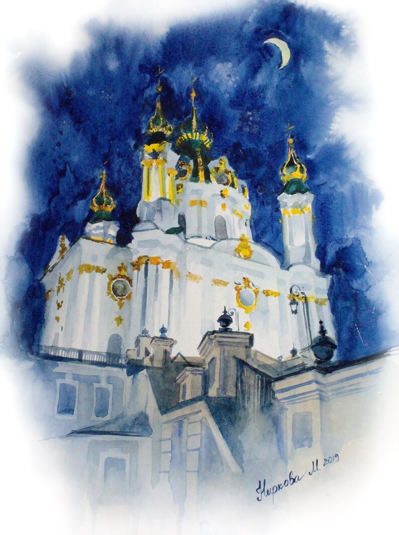 May include: Watercolor painting of a white church with gold accents against a blue night sky with a crescent moon. The church has multiple towers and domes. The painting is signed "Nurkova M. 2019".