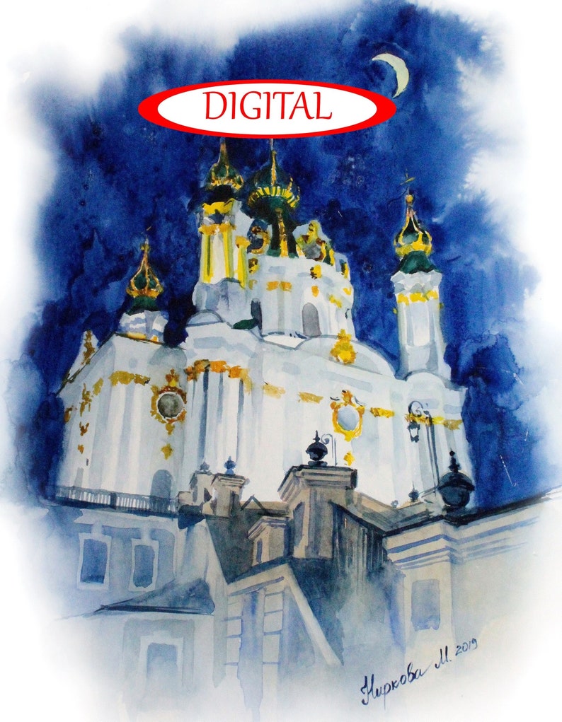 May include: A watercolor painting of a white church with gold accents against a blue night sky. The church has multiple towers and domes. The word "DIGITAL" is written in red on a white oval at the top of the image.