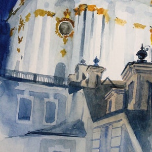 May include: Watercolor painting of a white building with gold accents and a blue sky. The building has a series of windows and a decorative roofline. The painting is done in a loose, impressionistic style.
