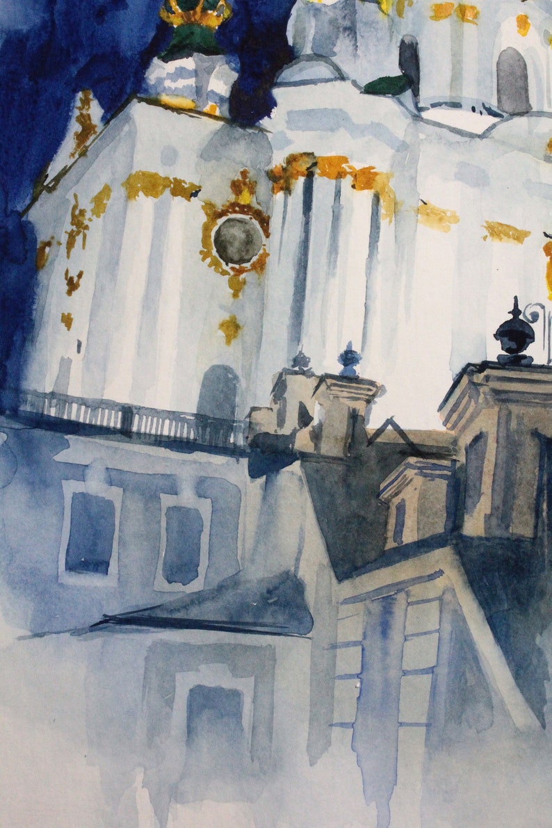 May include: Watercolor painting of a white building with gold accents and a blue sky. The building has a series of windows and a decorative roofline. The painting is done in a loose, impressionistic style.