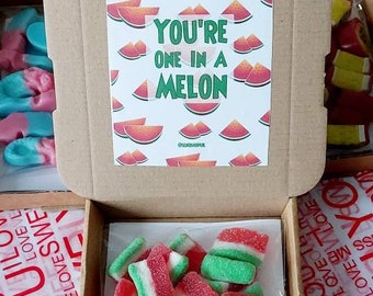 Valentines Sweets Treat Box, Food Pun Valentines Gift, Sweet Watermelon Gift Box, One In A Melon Letterbox Sweetbox,