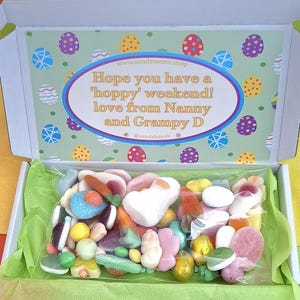 Gepersonaliseerd zoet paascadeau, paassnoepjes, paastraktatiedoos, paaskaart, pick-and-mix zoet brievenbuscadeau