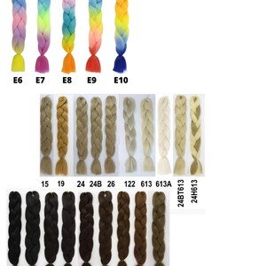 May include: A selection of synthetic braiding hair in various colors, including rainbow ombre, blonde, and brown. The hair is arranged in rows, with the color names listed below each strand. The text "MORE COLORS" is visible at the bottom right of the image.