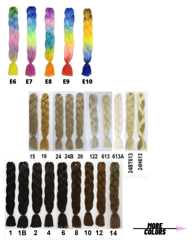 May include: A selection of synthetic braiding hair in various colors, including rainbow ombre, blonde, and brown. The hair is arranged in rows, with the color names listed below each strand. The text "MORE COLORS" is visible at the bottom right of the image.