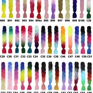 May include: A variety of ombre braiding hair in different colors, including pink, blue, green, yellow, and purple. The hair is arranged in rows with labels indicating the color code for each strand.