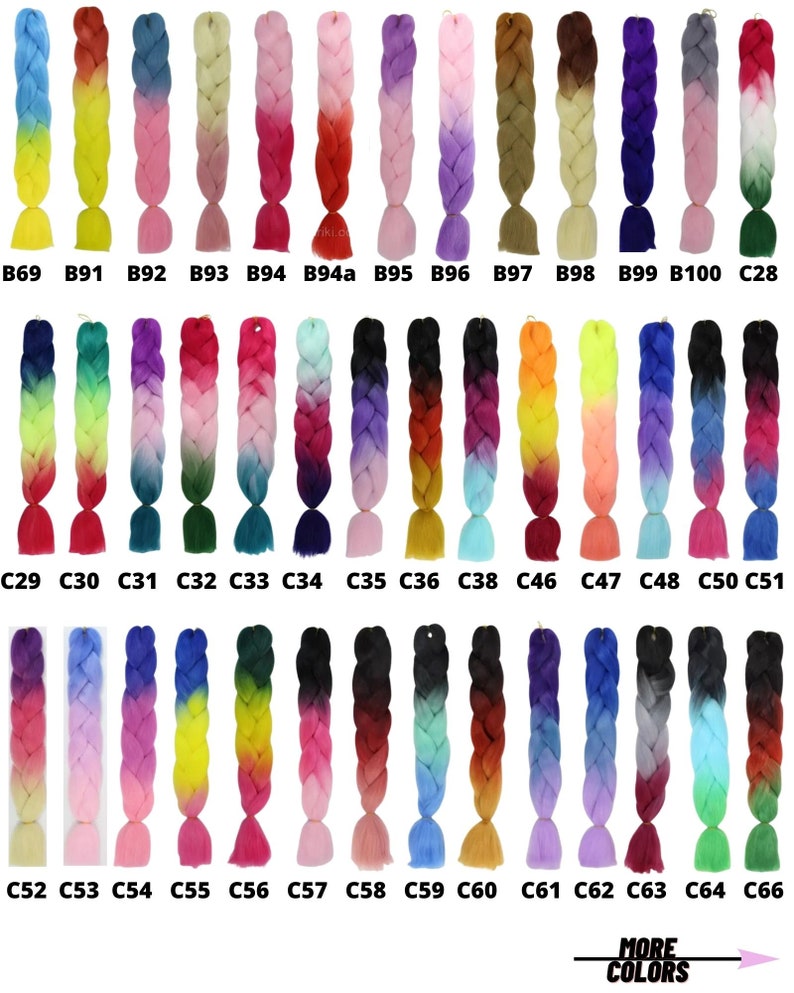 May include: A variety of ombre braiding hair in different colors, including pink, blue, green, yellow, and purple. The hair is arranged in rows with labels indicating the color code for each strand.