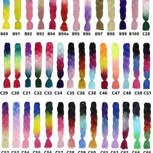 May include: A variety of ombre braiding hair in different colors, including pink, blue, green, yellow, and purple. The hair is arranged in rows with labels indicating the color code for each strand.