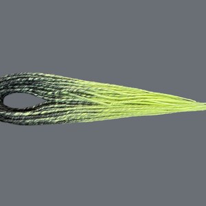 May include: A bundle of synthetic dreadlocks with a black to neon green ombre color gradient.