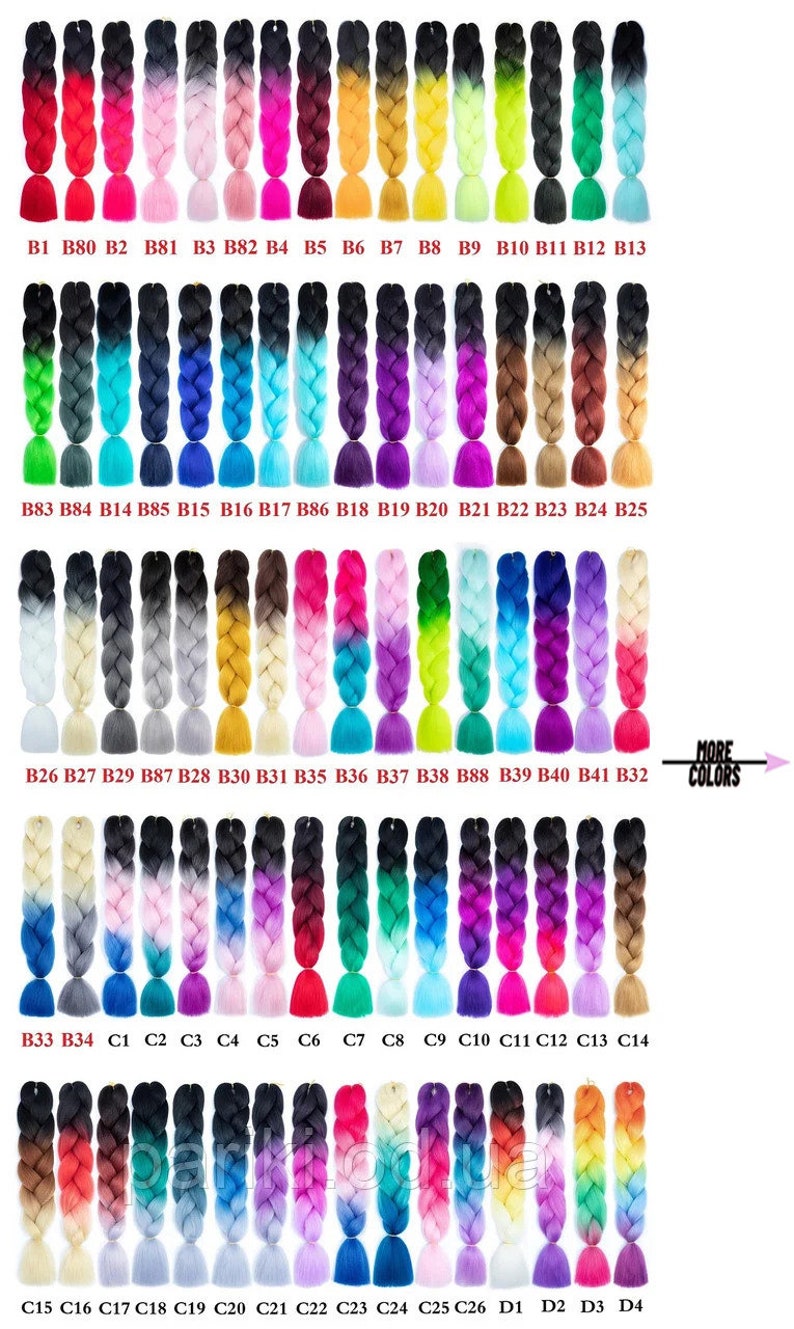 May include: A selection of 48 ombre braiding hair extensions in various colors. The hair is pre-braided and comes in a variety of shades, including pink, blue, green, yellow, and purple. The hair is arranged in rows, with each row labeled with a letter and number.