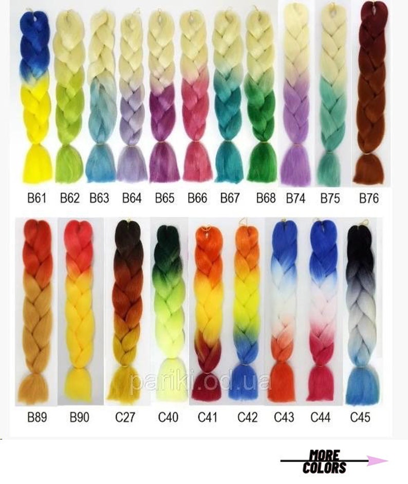 May include: A selection of ombre braiding hair in various colors, including blue, green, yellow, orange, red, and brown. The hair is arranged in rows with labels indicating the color codes: B61, B62, B63, B64, B65, B66, B67, B68, B74, B75, B76, B89, B90, C27, C40, C41, C42, C43, C44, and C45. The text "MORE COLORS" is visible at the bottom of the image.