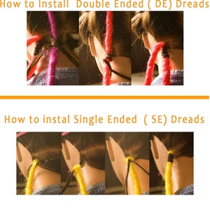 May include: How to install double ended (DE) and single ended (SE) dreadlocks. The image shows two sets of instructions, one for each type of dreadlock. The first set shows a person with pink dreadlocks, and the second set shows a person with yellow dreadlocks.