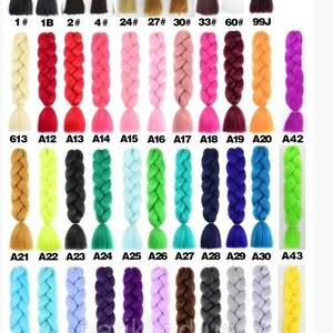 May include: A variety of synthetic braiding hair in different colors, including black, brown, blonde, red, pink, blue, green, purple, gray, and white. The hair is arranged in rows, with each row labeled with a number or letter. The text "MORE COLORS" is visible at the bottom of the image.