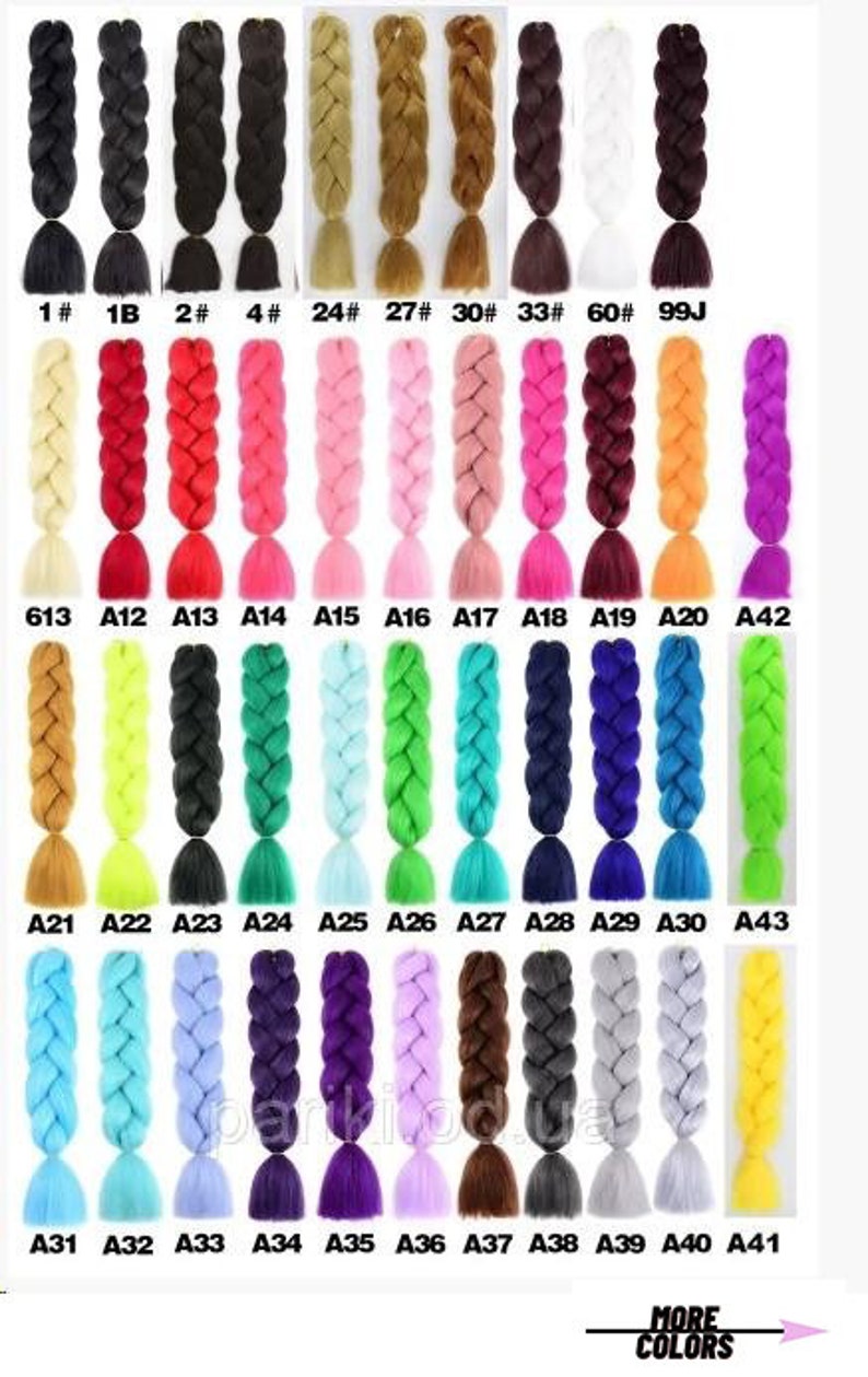 May include: A variety of synthetic braiding hair in different colors, including black, brown, blonde, red, pink, blue, green, purple, gray, and white. The hair is arranged in rows, with each row labeled with a number or letter. The text "MORE COLORS" is visible at the bottom of the image.