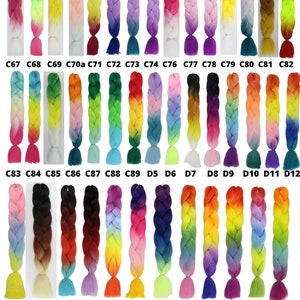 May include: A collection of 35 colorful ombre braiding hair extensions. Each braid features a gradient of colors, including pink, blue, green, yellow, orange, and purple. The braids are arranged in rows, with the numbers C67 through E5 printed below each braid.