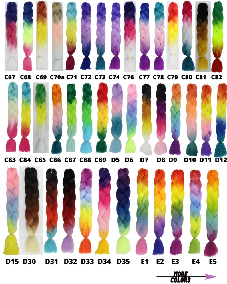 May include: A collection of 35 colorful ombre braiding hair extensions. Each braid features a gradient of colors, including pink, blue, green, yellow, orange, and purple. The braids are arranged in rows, with the numbers C67 through E5 printed below each braid.