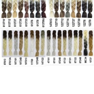 May include: A variety of ombre braiding hair in different colors, including blonde, brown, and gray. The hair is arranged in rows, with each row labeled with a number code.
