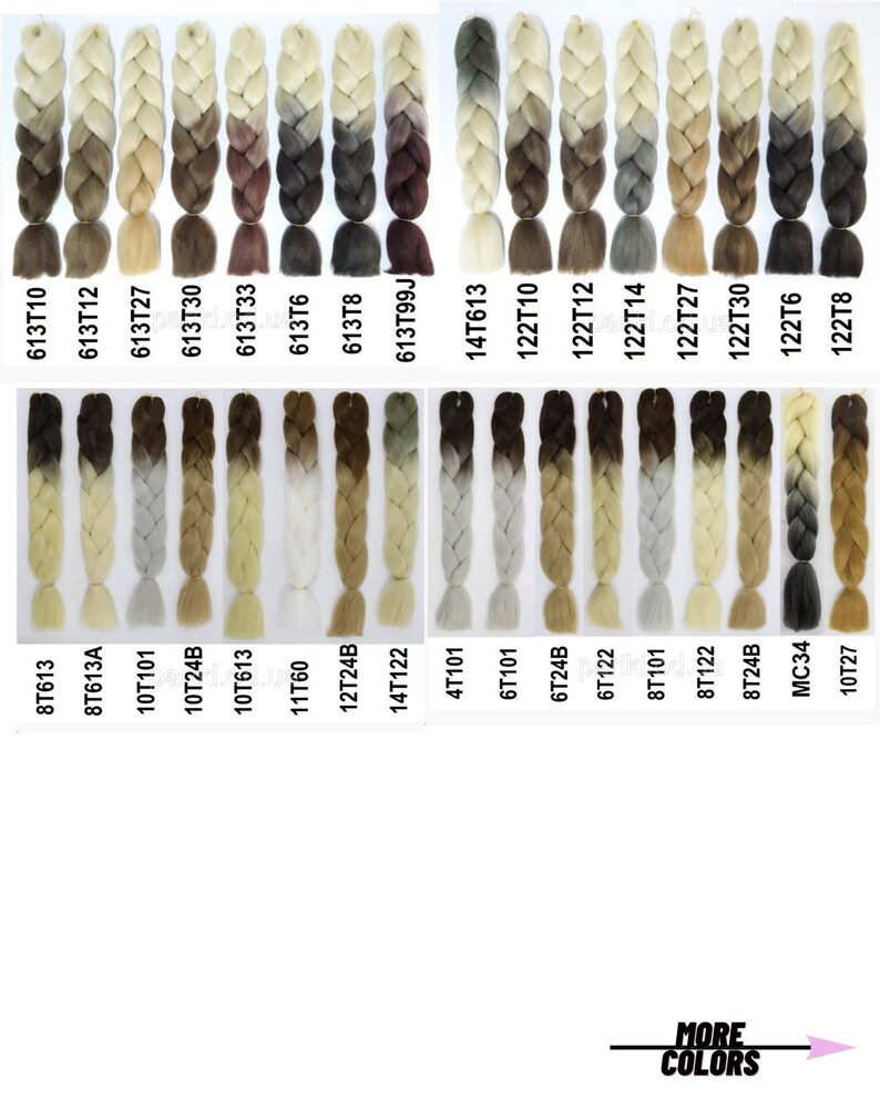 May include: A variety of ombre braiding hair in different colors, including blonde, brown, and gray. The hair is arranged in rows, with each row labeled with a number code.