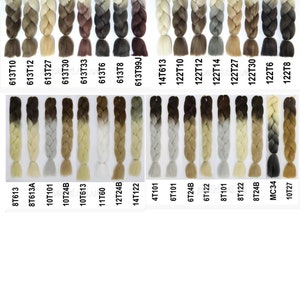 May include: A variety of ombre braiding hair in different colors, including blonde, brown, and gray. The hair is arranged in rows, with each row labeled with a number code.