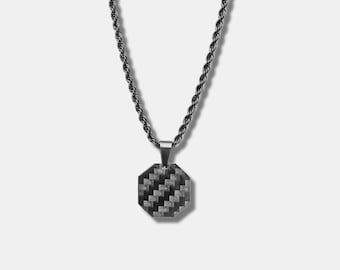 Pendentif octogonal en fibre de carbone combiné à une chaîne en acier inoxydable noir | Collier chaîne 8 coins