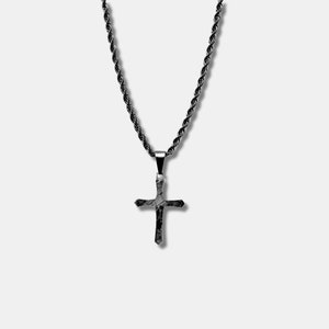 Forged carbon cross pendant combined with a black stainless steel chain | Cross necklace