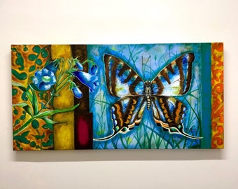 Butterfly and flowers Acrylic painting on canvas/Nature lover art wall/Unique as picture/100x50cm canvas/ Wildlife art/Insect art/Garden Art