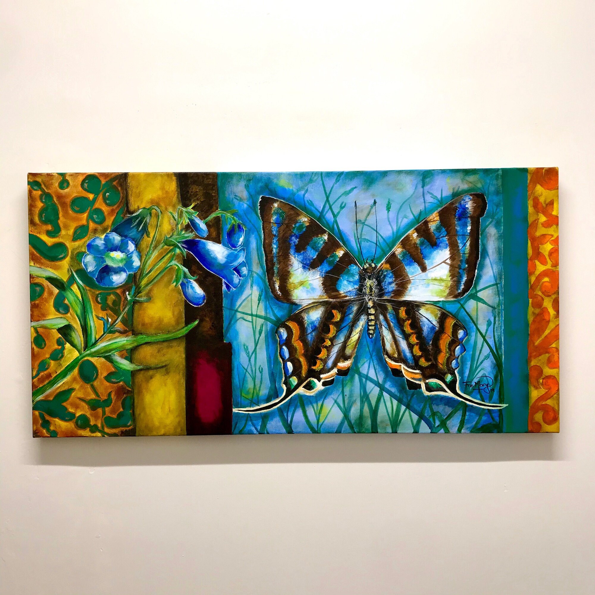 Butterfly & Flowers Acrylic Painting On Canvas/Nature Lover Art Wall/Unique As Picture/100x50cm Canv