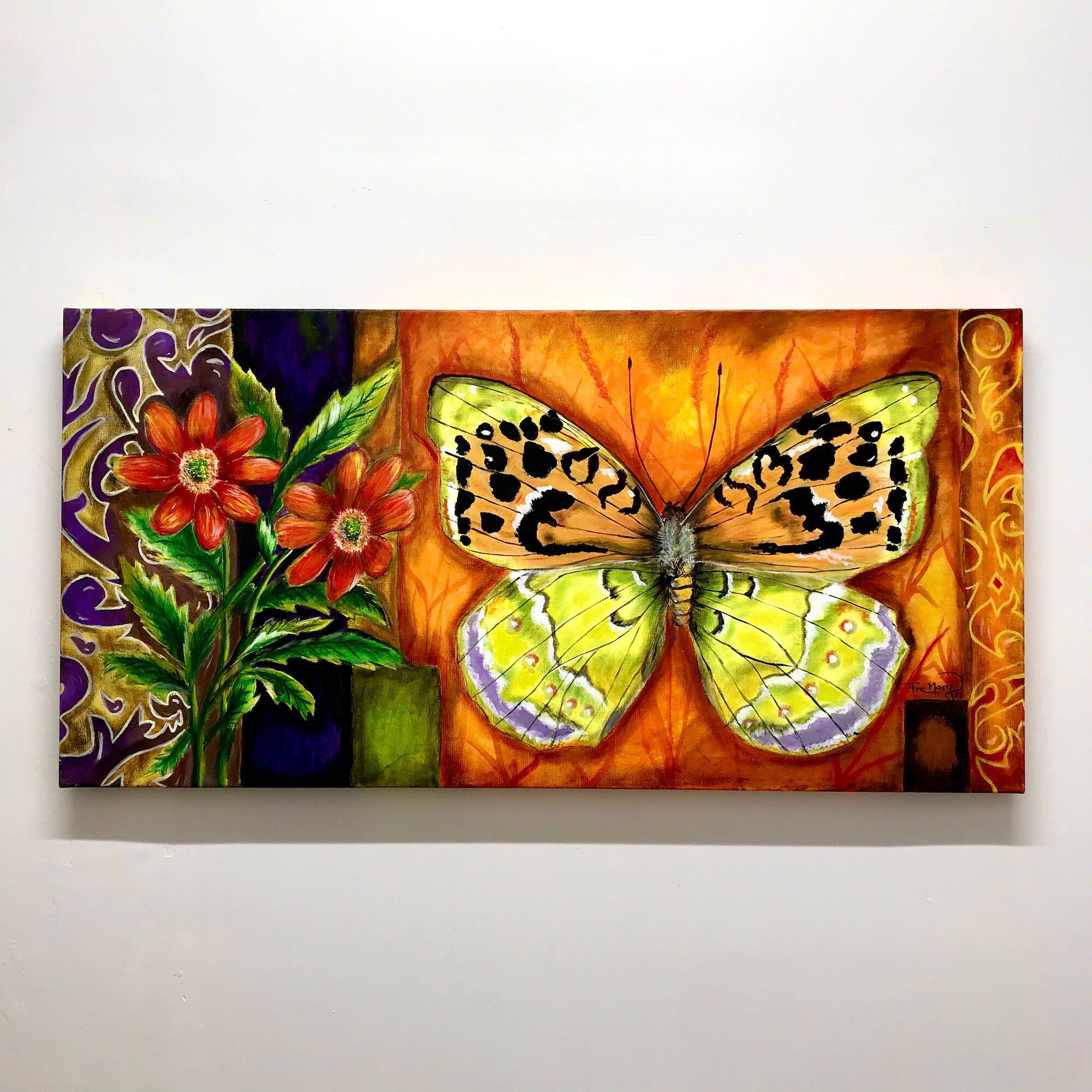 Butterfly & Flowers Acrylic Painting On Canvas/Nature Lover Art Wall/Unique As Picture/100x50cm Canv